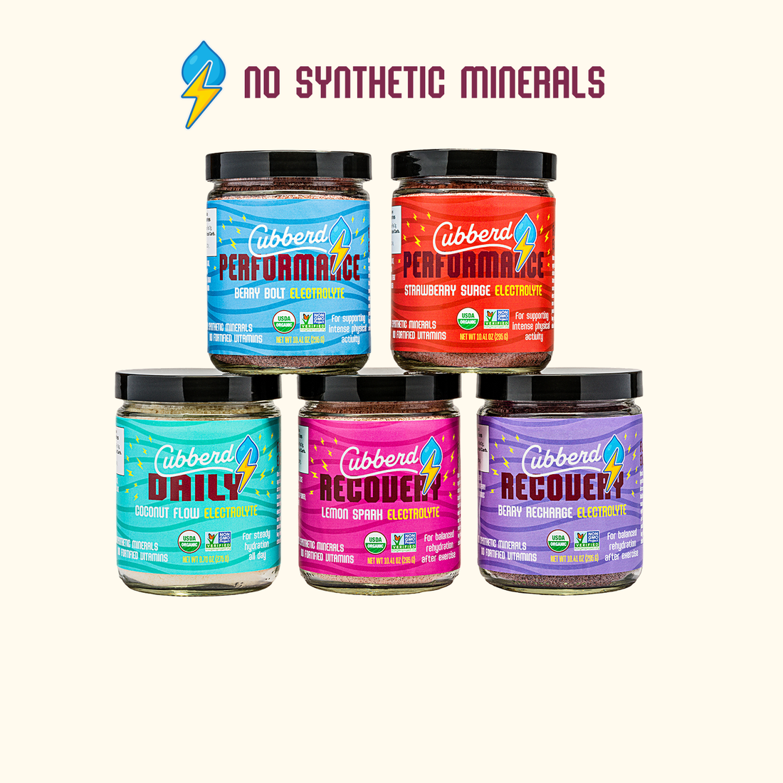 Collection of Cubberd health products with colorful labels on a white background