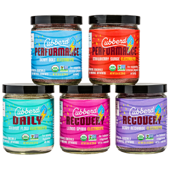 Five jars of Cubberd Performance and Recovery products on a white background