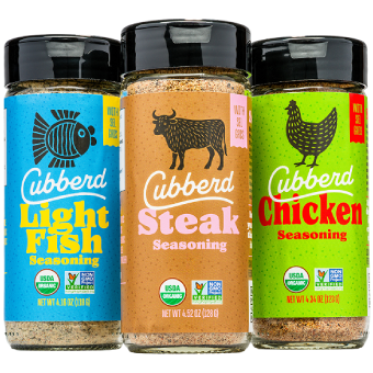 Three Cubberd seasoning jars labeled 'Light Fish', 'Steak', and 'Chicken' on a white background.